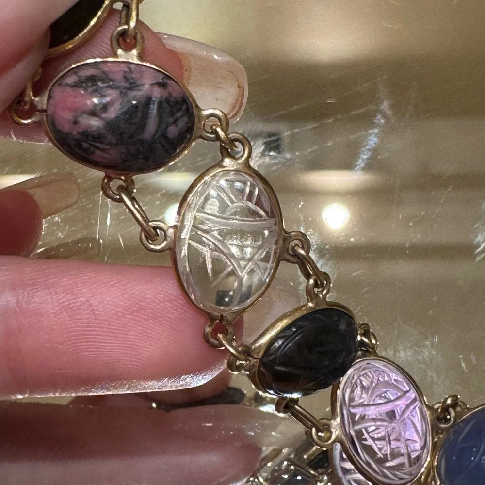 Vintage 70s Solid 14k Gold Scarab Precious Stone Bracelet - Picture 7 of 11